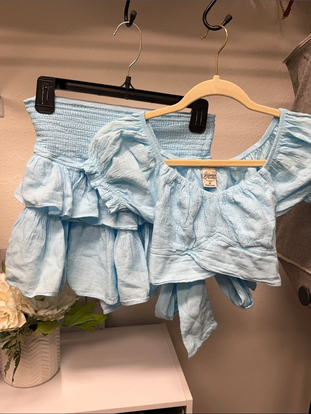 Bliss + Ease Kids Sky Blue Smocked Skirt & Puff-Sleeve Crop Set
